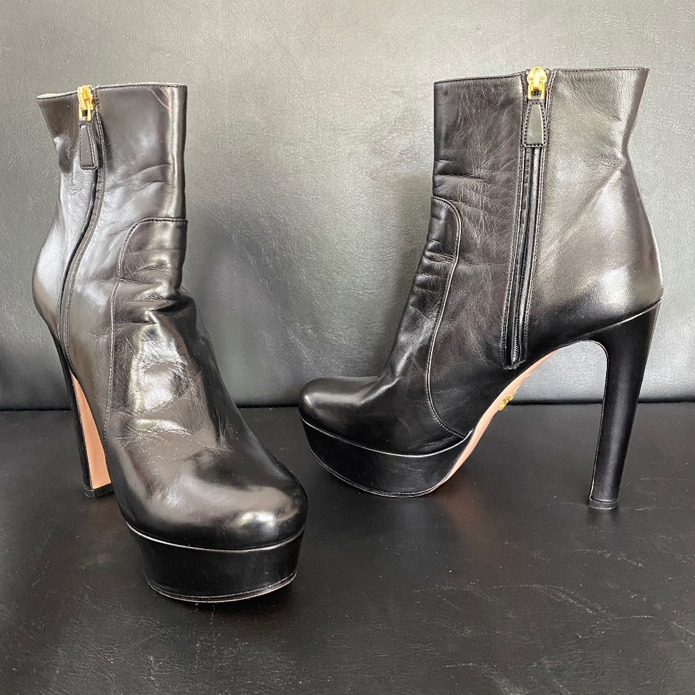 PRADA Black Leather Skinny Heel Platform Booties
